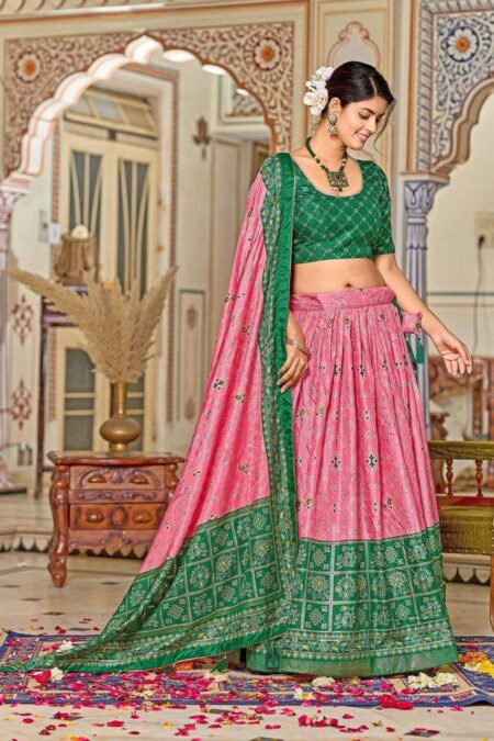 Pink Dola Silk Lehenga Choli with Green Blouse & Minakari Foil Print | Wedding & Festive Wear