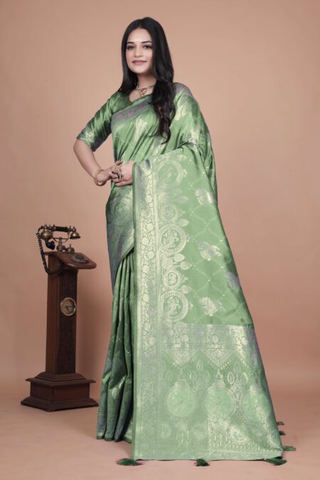 Mint Green Banarasi Silk Saree with Golden Zari | Floral & Ornate Pallu | Wedding, Festive & Traditional Wear