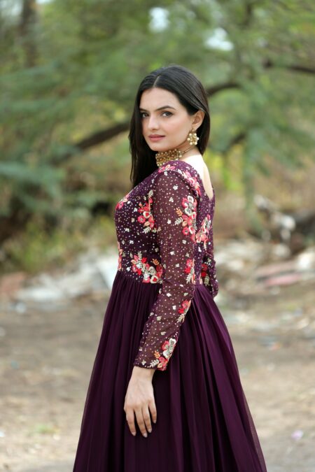 Wine Faux Blooming Designer Gown with Multi-Thread Embroidery & Sequins ? Premium Ready-to-Wear Dress