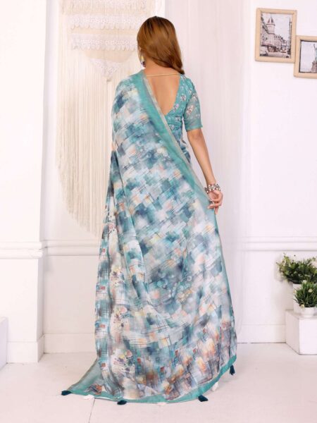 Aqua Blue Chanderi Saree with Digital Abstract & Floral Prints ? Elegant & Contemporary