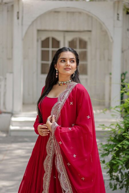 Pink Premium Faux Georgette Designer Gown with Sequined Dupatta ? Fully Flaired Ready-to-Wear Set