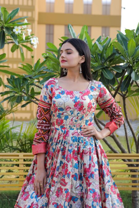 Multti Color Exquisite Kalamkari Banarasi Silk Gown with Jequard Patta ? Premium Designer Ready-to-Wear Dress