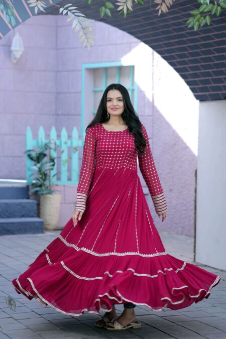 Pink Faux Blooming Designer Gown with Sequins & Zari Embroidery ? Premium Ready-to-Wear Collection