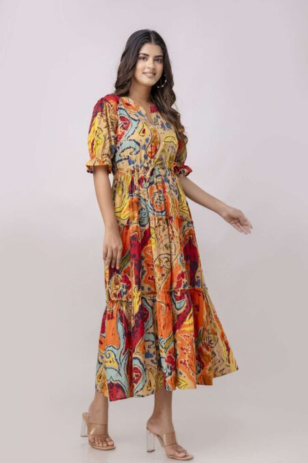 Women's Cotton Printed Fit & Flare Anarkali Gown Midi Dress
