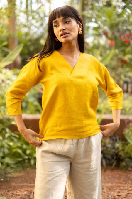 Women's Cotton Solid V Neck 3/4 sleeve 2 Piece Outfit Tank Top and Wide Leg Palazzo Pants Sets cord set ( Yellow )