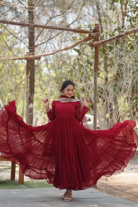 Maroon Premium Faux Georgette Designer Gown with Sequined Dupatta ? Fully Flaired Ready-to-Wear Set