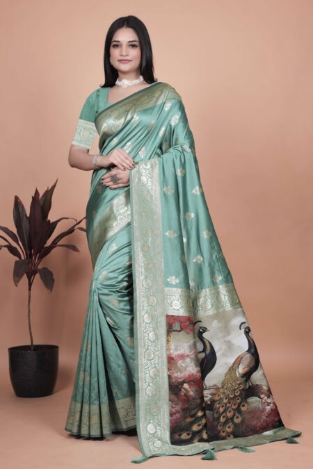 Elegant Sea Green Silk Saree with Golden Zari & Peacock Motif Pallu | Wedding, Festive & Traditional Wear