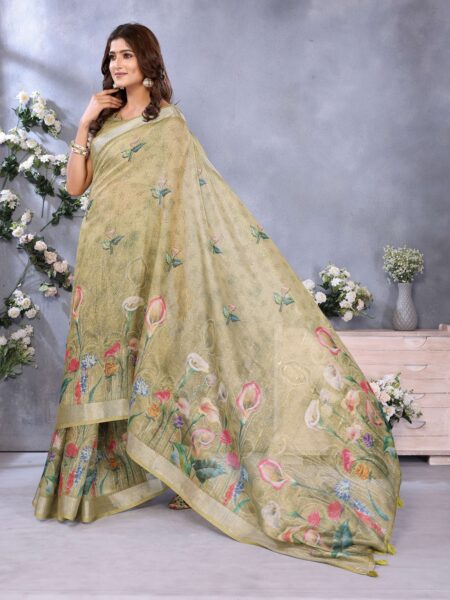Artistic Olive Green Floral Printed Linen Shimmer Saree with Tassel Accents